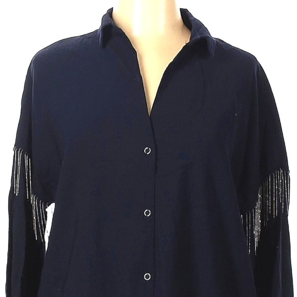Zara Long Sleeve Blouse Size M Navy Blue Silver Beaded Fringe Button Front - Picture 4 of 7